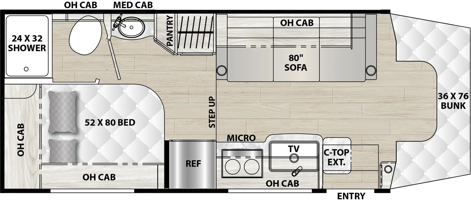 The 24FL has zero slideouts and one entry. Exterior features an outside TV. Interior layout front to back: bunk over cab, off-door side sofa bed with overhead cabinet, and pantry/wardrobe; door side entry with TV above, kitchen counter with sink, countertop extension, overhead cabinet, induction cooktop, and refrigerator; rear off-door side bathroom sink and room with toilet, shower and medicine cabinet; rear door side full bed with overhead cabinets.